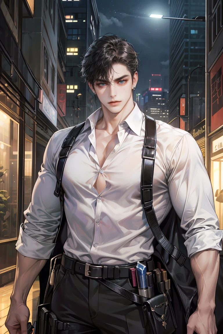 (absurdres, highres, ultra detailed, original character, HDR), 1 boy, solo, adult, handsome, ((tall muscular guy, broad shoulders)), finely detailed eyes, (black medium hair), hair between eyes, turquoise eyes, holographic, futuristic, casual and sexy outfit, gun holster, (body tight white shirt), ((large man breasts)), ((wearing an earring)), (portrait), dutch angle, face focused, british colonial scenery, dystopian hong kong city, skyscrapers, closed mouth, looking at viewer, depth of field, bokeh