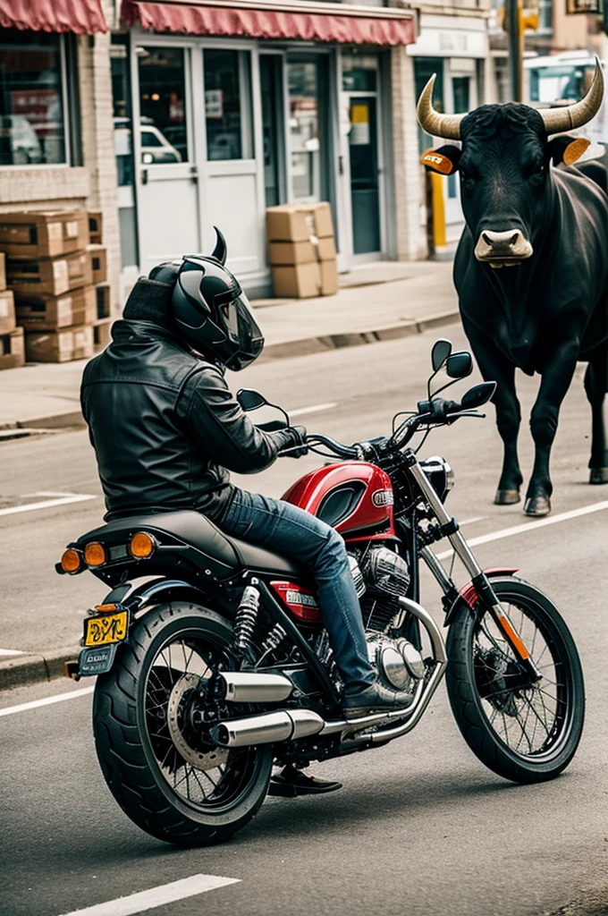 A bull on a motorcycle making deliveries