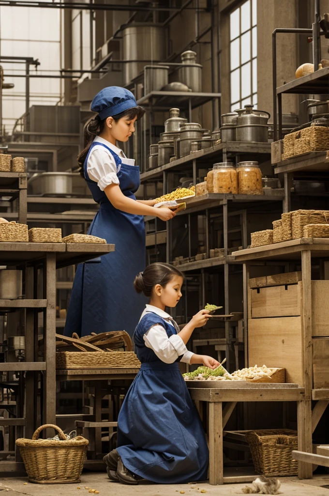 Make an image where a lady has a very large factory and makes food and is feeding it to a small rabbit.