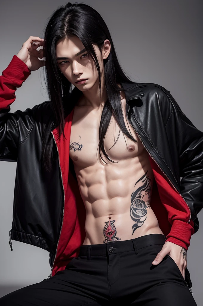 Boy, 18 years old, straight hair, red eyes, black jacket, shirtless, with a serious expression tattoo on his body, and black pants