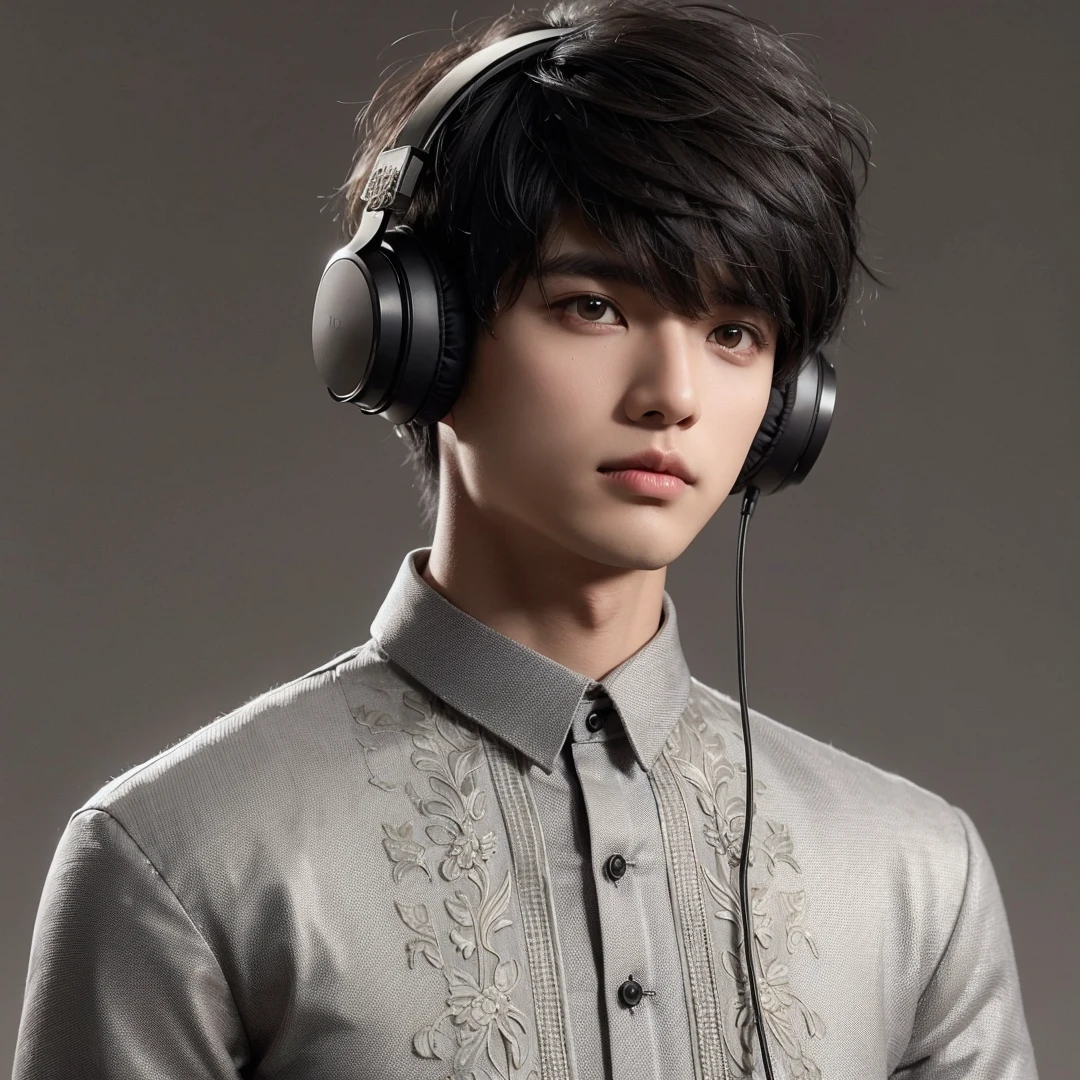 Handsome boy, black hair, brown eyes, wearing gray barong tagalog, black headphone