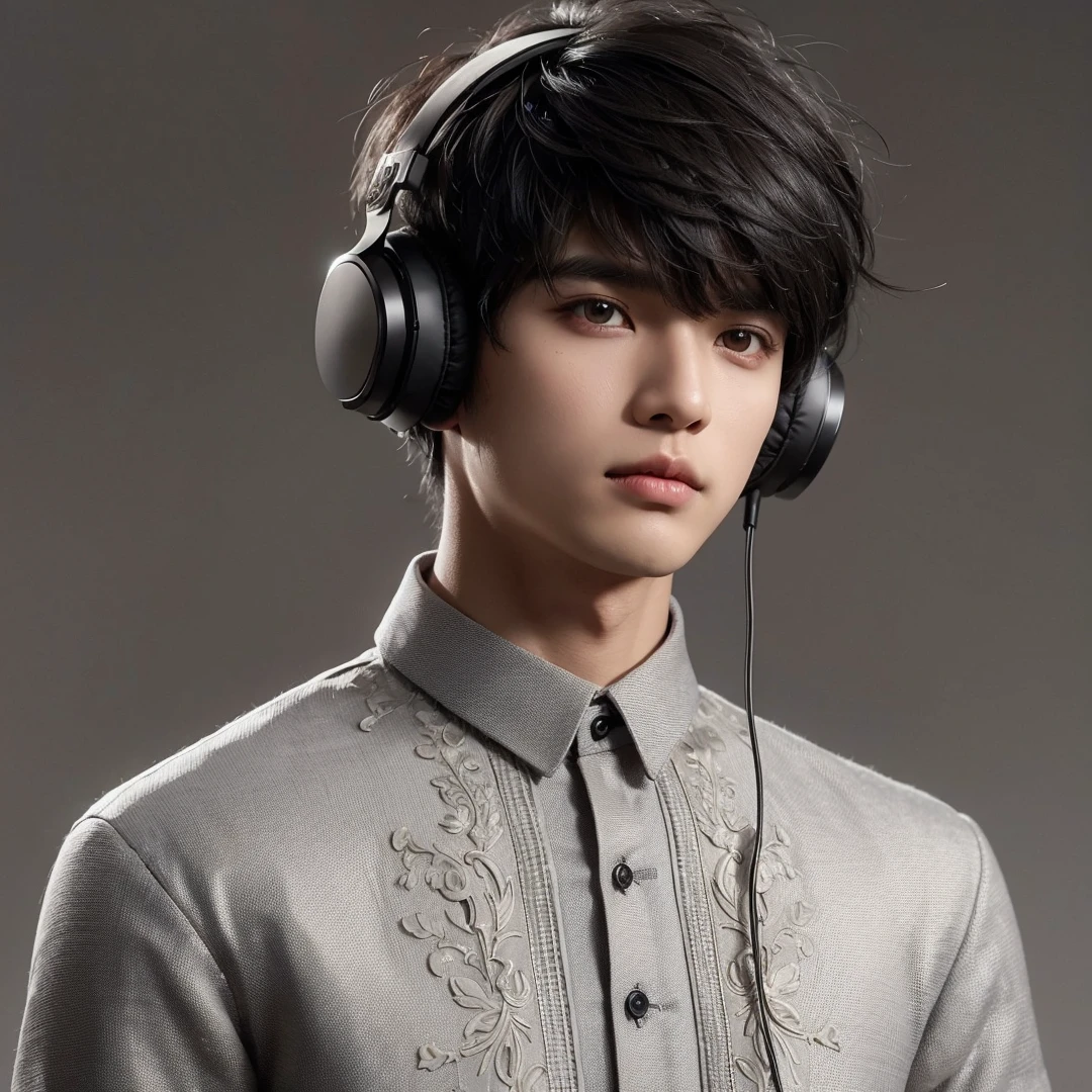 Handsome boy, black hair, brown eyes, wearing gray barong tagalog, black headphone