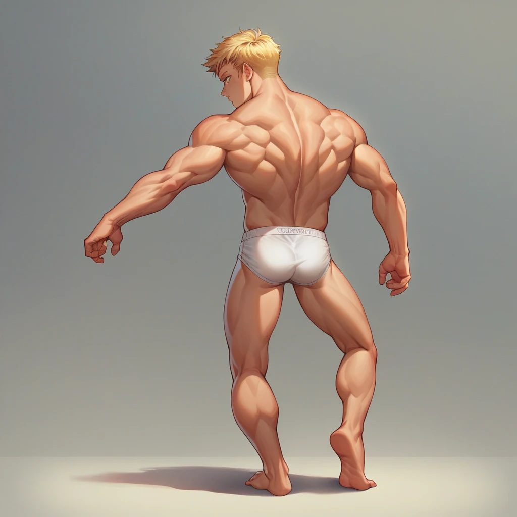 (masterpiece, best quality), Intricate detailing, 8K, artstation, backshot, Young ager, Teenybuilder, 14 years hair, posing bis muscles in underwear, barefoot, Buff muscle Body
