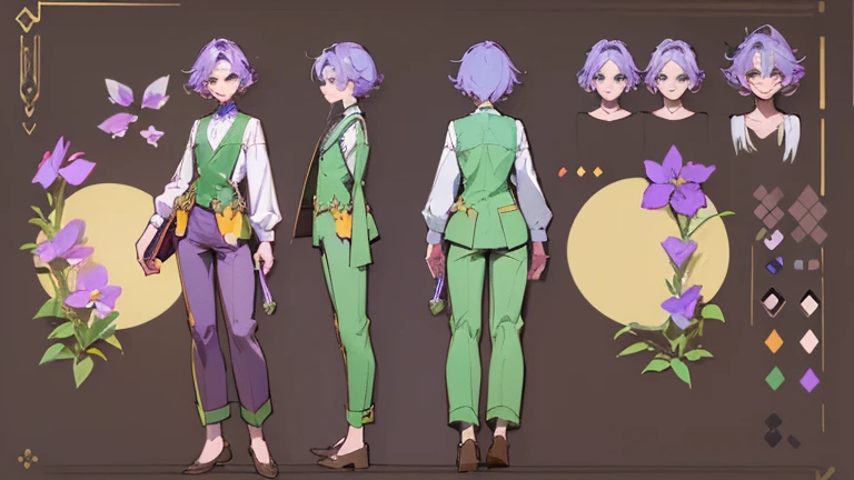 (Masterpiece, best quality), detailed, 1 gardener woman, ((character concept art)), ((character design sheet, reference sheet, same character, front, side, back)), full body, body complete, 1 gardener female, 1 gardener women. Character design sheet full body, Highly detailed, character sheet, character design, Many parts, pale skin, green eyes, short purple hair, male hairstyle, short male hair, lavender flower, lavender flower reference, lavender flower character reference, lavender flower inspired, flat chest, Male clothes, male clothing, pants, Ecofashion, Ecopunk, Ecology, Earthy clothing, gardening clothing, gardening, Solarpunk, Solarpunk reference, Solarpunk inspired, simple outfit, simple clothes, pants, gold details, pastel purple, green and brown color palette for the clothes.