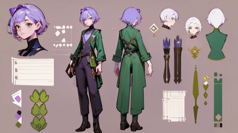 (Masterpiece, best quality), detailed, 1 gardener woman, ((character concept art)), ((character design sheet, reference sheet, same character, front, side, back)), full body, body complete, 1 gardener female, 1 gardener women. Character design sheet full body, Highly detailed, character sheet, character design, Many parts, pale skin, green eyes, short purple hair, male hairstyle, short male hair, lavender flower, lavender flower reference, lavender flower character reference, lavender flower inspired, flat chest, Male clothes, male clothing, pants, Ecofashion, Ecopunk, Ecology, Earthy clothing, gardening clothing, gardening, Solarpunk, Solarpunk reference, Solarpunk inspired, simple outfit, simple clothes, pants, gold details, pastel purple, green and brown color palette for the clothes.