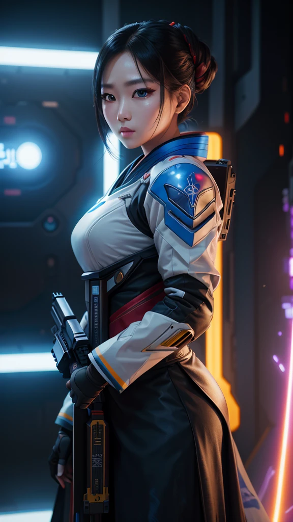 1girl, korean, traditional hanbok, holding plasma rifle, futuristic plasma rifle, contrast between traditional and futuristic, determined expression, confident pose, beautiful detailed eyes, beautiful detailed lips, extremely detailed face, longeyelashes, hyperrealistic, 8k, photorealistic, cinematic lighting, dramatic lighting, vibrant colors, intricate details, masterpiece, digital painting