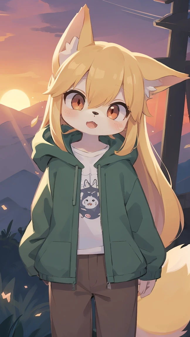 Fox Shota, , It was hairy, Hairy, Fur, smooth eyelashes, Golden fur, Forelimb Hand, long blonde hair straight, Round eyes, Golden ears, Golden fur, golden face fur, Shiny Hair, Red eyes, Very cute face, 1 fox tail, Fluffy tail, Hairy尻尾, Glowing Eyes, Green coat Green hooded down jacket, Brown trousers, Are standing, Open your mouth, Zhou Haoguang, Very fine fur, Broken Eye, whole body, masterpiece, high quality, high detail, 最high quality, wide short, (((alone))), Twilight, Light of the sun, Red Sky, Rim Light