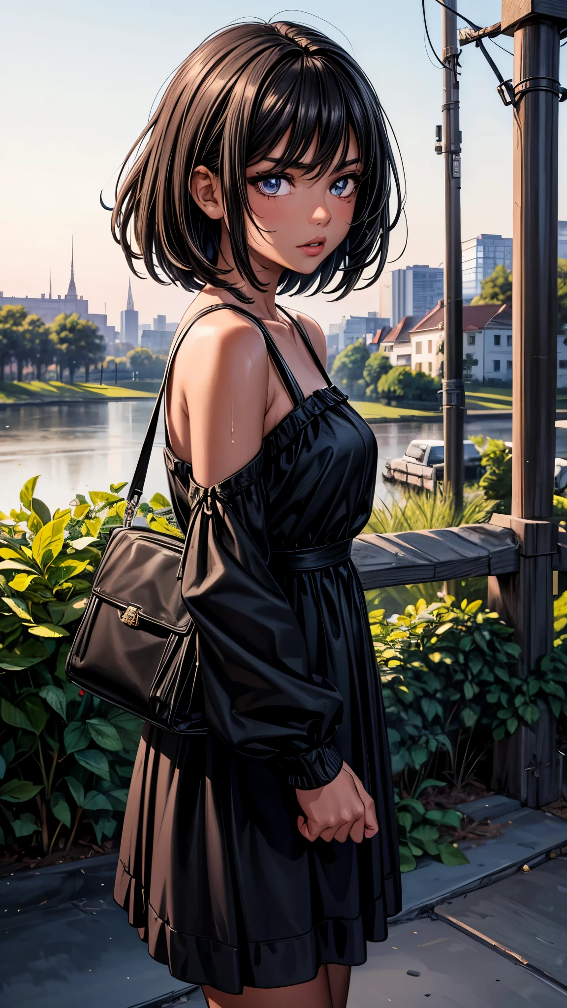(from side2.0),beautiful detailed eyes, beautiful detailed lips, extremely detailed eyes and face, longeyelashes, 1 girl, face close up, outside the countryside,, sweat, (dark skin color),(very short black hair),displeased, sulky, casual fashion,casual dress,pink plaids dress,no sleeve,(sandal),shoulder bag,best quality, 4k, 8k, highres, masterpiece:1.2, ultra-detailed, realistic, photorealistic, photo-realistic:1.37, HDR, UHD, studio lighting, ultra-fine painting, sharp focus, physically-based rendering, extreme detail description, professional, vivid colors, bokeh, portraits