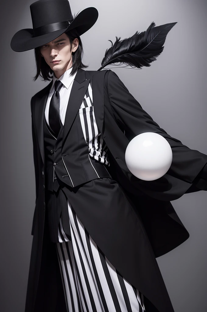 Tall man in black clothes with white stripes suit over all big black hat with a feather on the tip on the side of the waist three white spheres white face without ears small nose