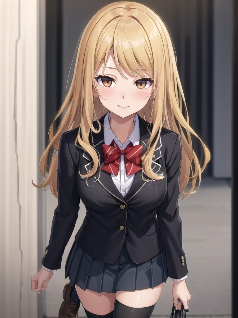 ((masterpiece)),(best quality),official art,extremely delicate and beautiful,extremely detailed CG,unity 8k wallpaper,ultra detailed,beautiful detailed eyes,extremely detailed face,outdoors,1girl,solo,upper body,(portrait:1.5),looking at viewer,facing viewer,smile,Kuhouin Arisa,long wavy blond hair,sidelocks,parted bangs,brown eyes,female underwear,blazer,black jacket,wing collar,red bowtie,white shirt,collared shirt,long sleeves,large breasts,buttons,miniskirt,black skirt,pleated skirt,black thighhighs,loafers,black footwear,Big breasts,nude,Get naked,see breasts,obscene