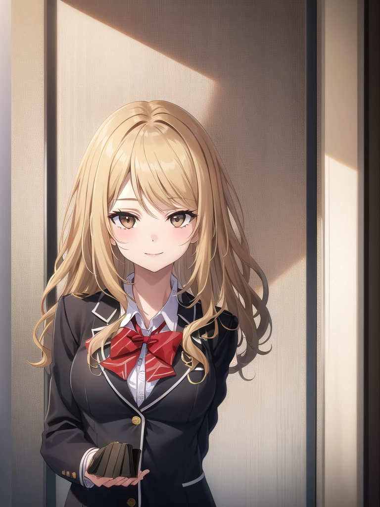 ((masterpiece)),(best quality),official art,extremely delicate and beautiful,extremely detailed CG,unity 8k wallpaper,ultra detailed,beautiful detailed eyes,extremely detailed face,outdoors,1girl,solo,upper body,(portrait:1.5),looking at viewer,facing viewer,smile,Kuhouin Arisa,long wavy blond hair,sidelocks,parted bangs,brown eyes,female underwear,blazer,black jacket,wing collar,red bowtie,white shirt,collared shirt,long sleeves,large breasts,buttons,miniskirt,black skirt,pleated skirt,black thighhighs,loafers,black footwear,Big breasts,nude,Get naked,see breasts,obscene