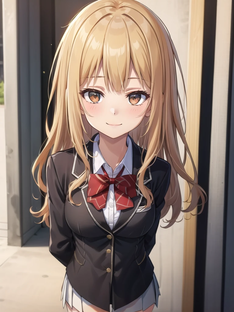 ((masterpiece)),(best quality),official art,extremely delicate and beautiful,extremely detailed CG,unity 8k wallpaper,ultra detailed,beautiful detailed eyes,extremely detailed face,outdoors,1girl,solo,upper body,(portrait:1.5),looking at viewer,facing viewer,smile,Kuhouin Arisa,long wavy blond hair,sidelocks,parted bangs,brown eyes,female underwear,blazer,black jacket,wing collar,red bowtie,white shirt,collared shirt,long sleeves,large breasts,buttons,miniskirt,black skirt,pleated skirt,black thighhighs,loafers,black footwear,Big breasts,nude,Get naked,see breasts,obscene