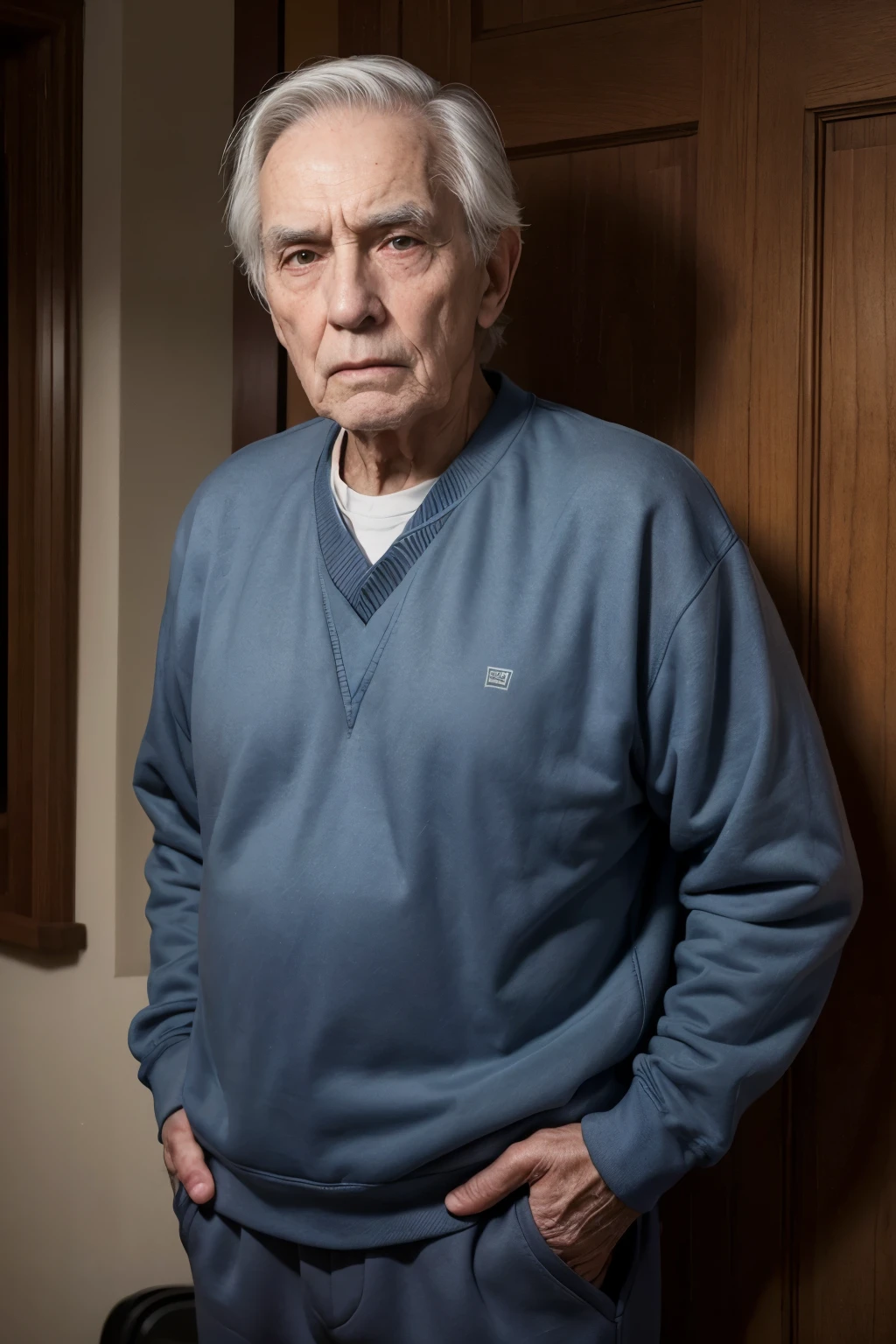Realistic photograph of an 85 year old man, wearing a dark blue sweatshirt and gray pants. He is standing with both hands on his chest, His face is pain and suffering, showing that he is experiencing severe chest pain due to a heart attack.