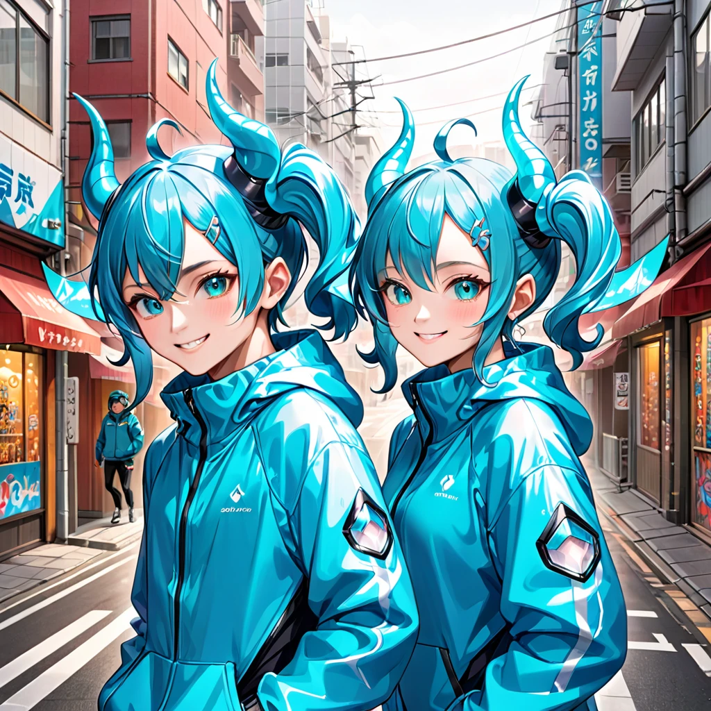 nijiローラhorn a pertty nijiboy with crystal - clear horns, Wearing turquoise skiwear, Twin tails, Big, beautiful, odd eyes, Big warm smile, On the streets of Cyberrun's desert city