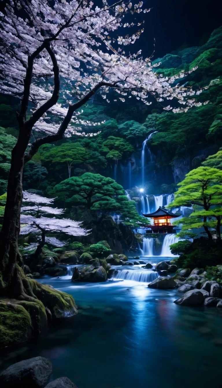 nature, Ultra realistic , night time , Sakura Tree Forest  , big clear water river, waterfall in a distance, small Japan traditional house 