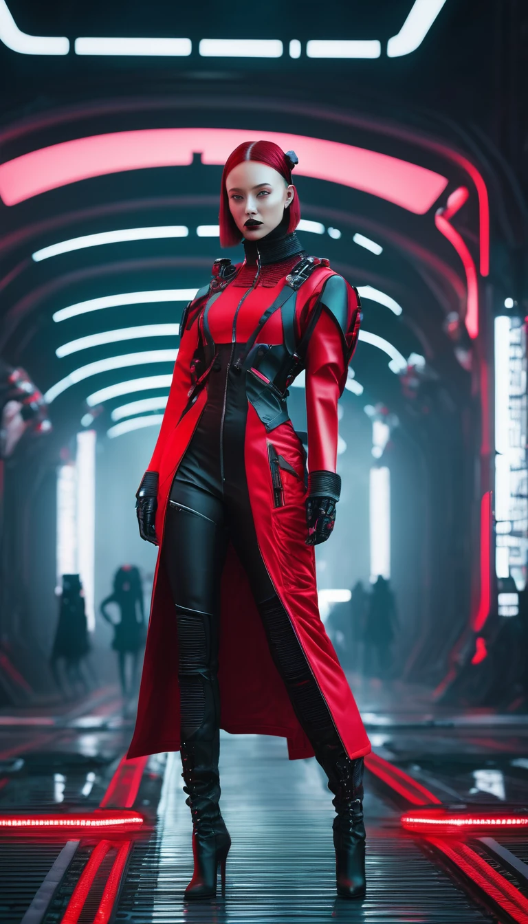 A fashion runway for alien technology , Cyberpunk urban photography , Inspired by futuristic space girl and dark gothic。(Best quality,4K,8K,A high resolution,Masterpiece:1.2), (Realistic,Photorealistic,photo-realistic:1.37), red and black.