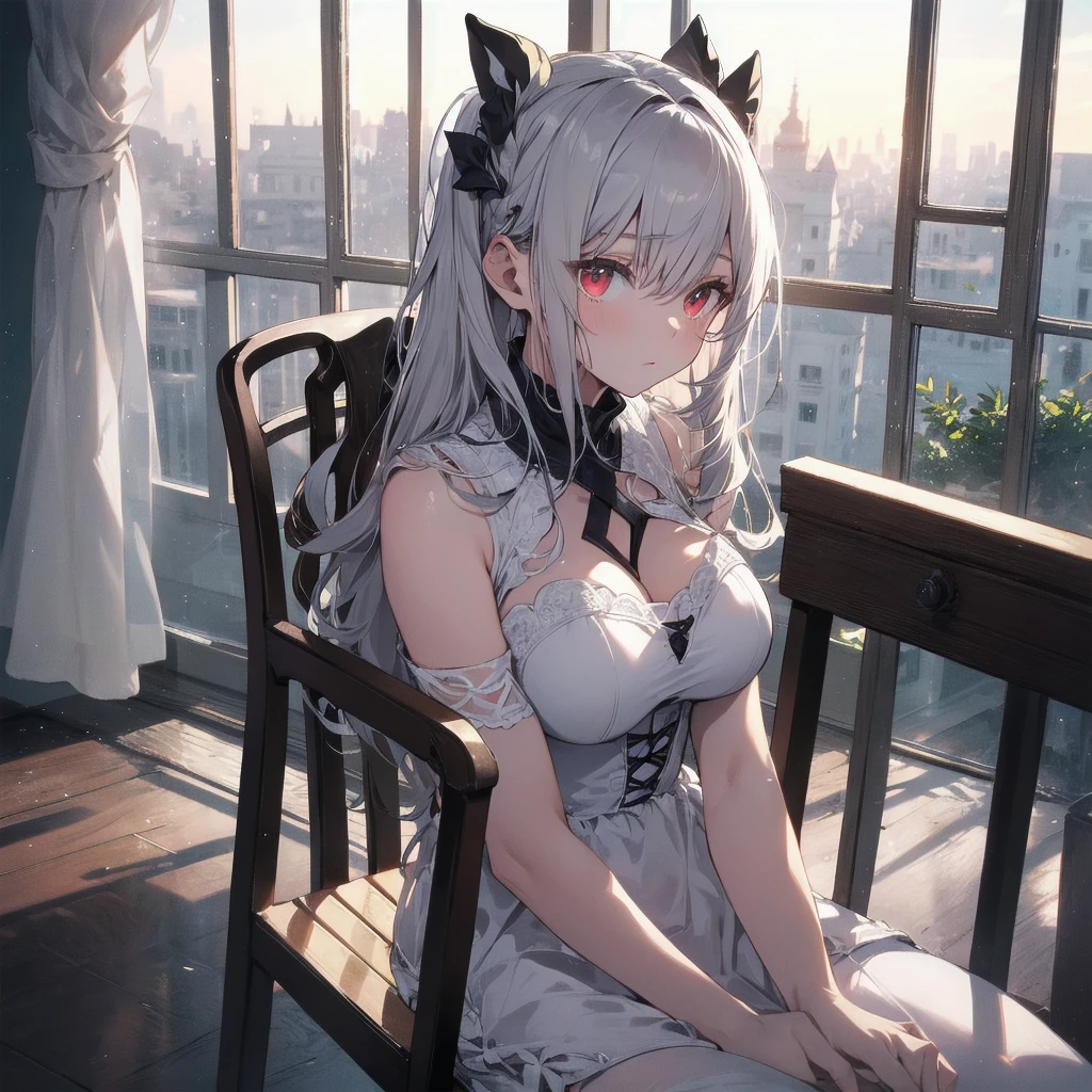 Mature white-haired female vampire,Tall posture,Full body on camera,Sitting on the throne,look down on all beings,Red glowing eyes,Huge multi-layered pupil with color gradient,black ta outfit,15D black stockings,No shoes,Sit with your legs up,Lean on the arm of a chair,Pupil Highlights,The characters are rich in detail,Delicate facial depiction,Delicate depiction of clothing,Delicate Gestures,Cold shades,Inside the pitch-black castle,Huge floor-to-ceiling glass windows,Icy moonlight lighting,Pitch black interior,Turn away from the light source,Backlight,Image sharpening,Very sharp,Clear lines,16K,Advanced photography,Rich in details