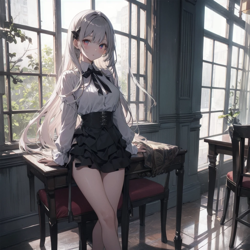 Mature white-haired female vampire，Tall posture，Full body on camera，Sitting on the throne，look down on all beings，Red glowing eyes，Huge multi-layered pupil with color gradient，black lolita outfit，15D black stockings，No shoes，Sit with your legs up，Lean on the arm of a chair，Pupil Highlights，The characters are rich in detail，Delicate facial depiction，Delicate depiction of clothing，Delicate Gestures，Cold shades，Inside the pitch-black castle，Huge floor-to-ceiling glass windows，Icy moonlight lighting，Pitch black interior，Turn away from the light source，Backlight，Image sharpening，Very sharp，Clear lines，16K，Advanced photography，Rich in details