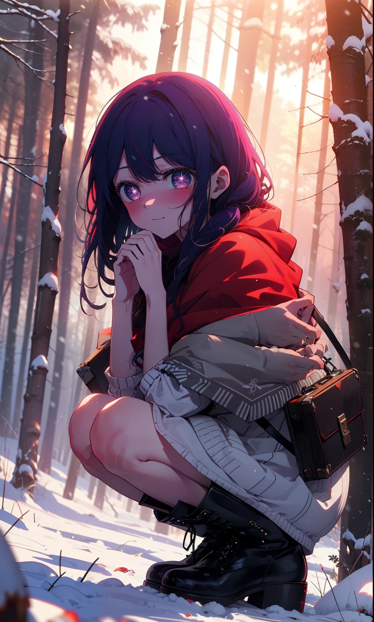 aihoshino, Ai Hoshino, Long Hair, bangs, (Purple eyes:1.1), Purple Hair, (Symbol-shaped pupil:1.5), smile,,smile,blush,White Breath,
Open your mouth,snow,Ground bonfire, Outdoor, boots, snowing, From the side, wood, suitcase, Cape, Blurred, , forest, White handbag, nature, Squat, Mouth closed, Cape, winter, Written boundary depth, Black shoes, red Cape break looking at viewer, Upper Body, whole body, break Outdoor, forest, nature, break (masterpiece:1.2), Highest quality, High resolution, unity 8k wallpaper, (shape:0.8), (Beautiful and beautiful eyes:1.6), Highly detailed face, Perfect lighting, Highly detailed CG, (Perfect hands, Perfect Anatomy),