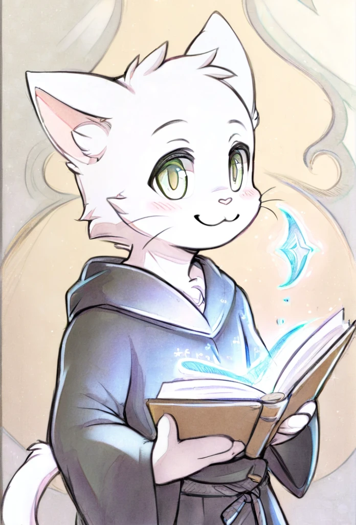Cover,high resolution,Top quality,best quality,Paid rewards available,juvenile,middle Ages,Cats,male,White fur,Green eyes,tilt head slightly,Smile,Handsome,cute,Soft natural light,individual,Black robe,magic,Holding a book,Wearing a robe,Pencil drawing style