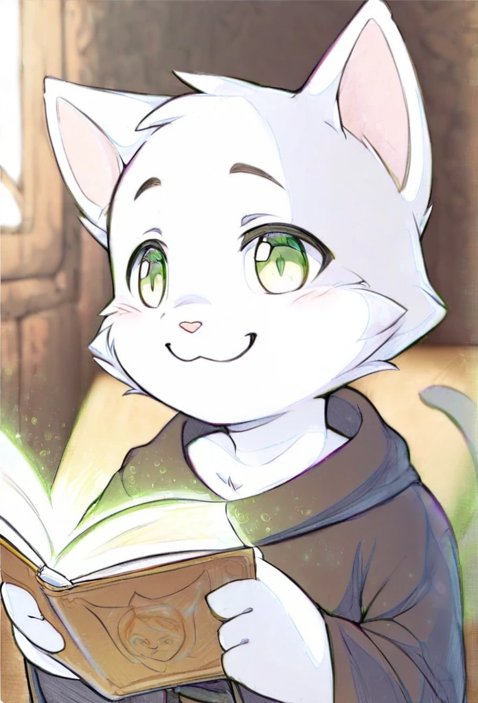 Cover,high resolution,Top quality,best quality,Paid rewards available,juvenile,middle Ages,Cats,male,White fur,Green eyes,tilt head slightly,Smile,Handsome,cute,Soft natural light,individual,Black robe,magic,Holding a book,Wearing a robe,Pencil drawing style
