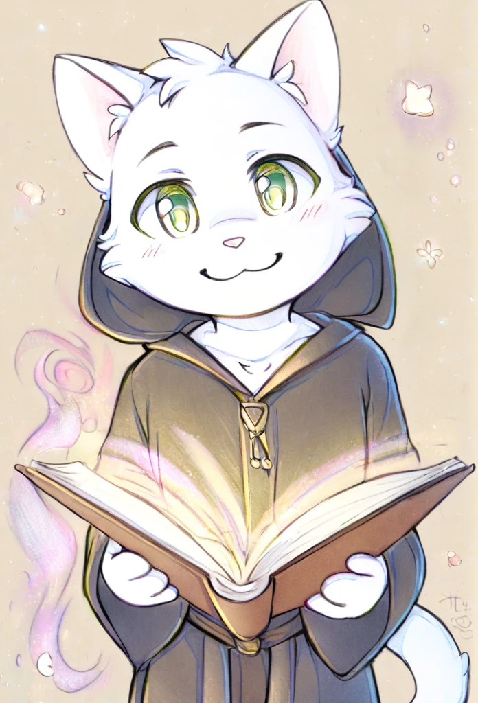 Cover,high resolution,Top quality,best quality,Paid rewards available,juvenile,middle Ages,Cats,male,White fur,Green eyes,tilt head slightly,Smile,Handsome,cute,Soft natural light,individual,Black robe,magic,Holding a book,Wearing a robe,Pencil drawing style