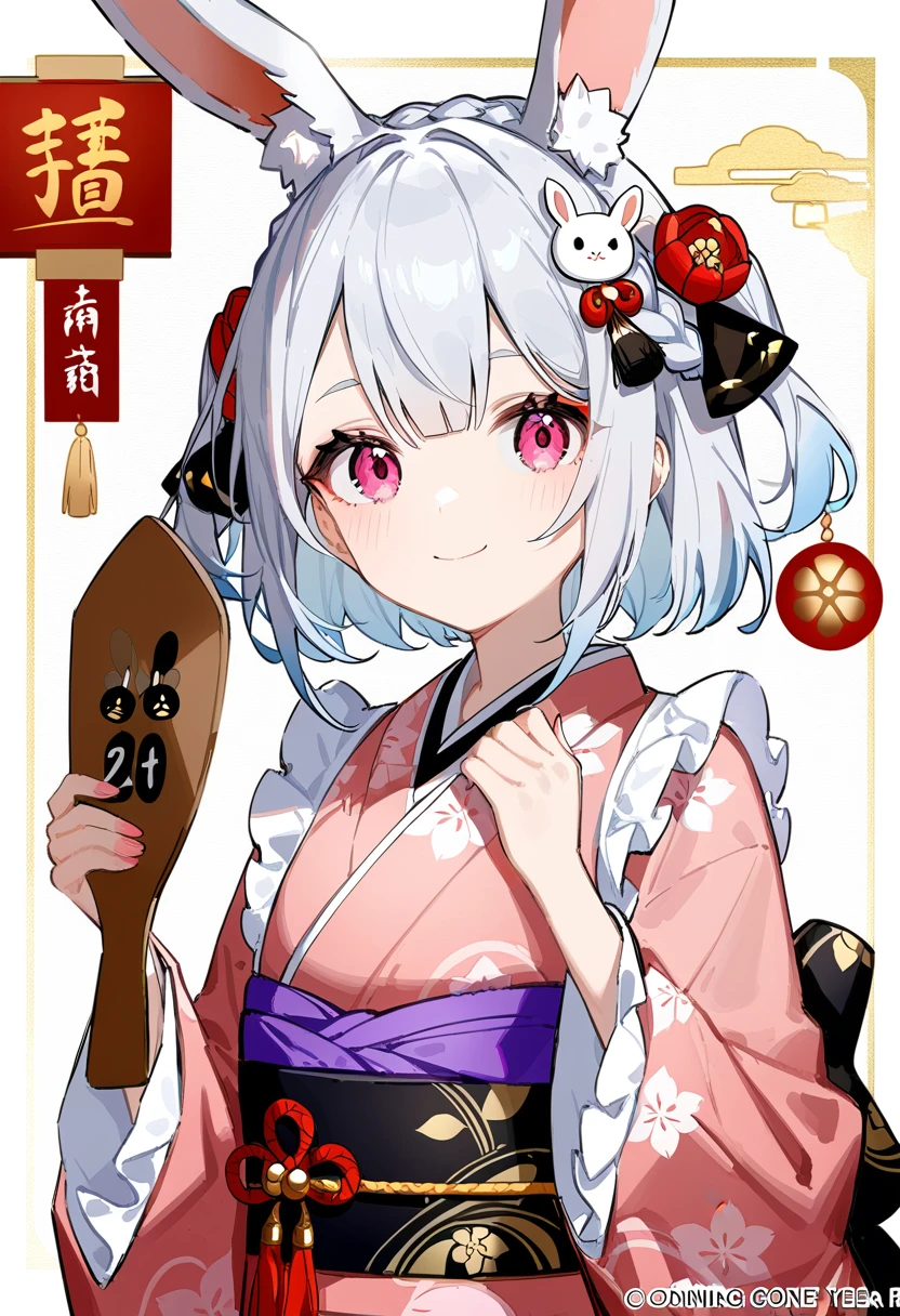1girl, ciloranko:1.1, noyu \(noyu23386566\), (z282g:1.3), official art, absurdres, best quality, perfect ???????, attractive, animal, animal ear fluff, animal ears, braid, chinese zodiac, closed mouth, frilled sleeves, frills, grey hair, hagoita, hair ornament, hands up, holding, japanese clothes, kimono, long sleeves, looking at viewer, nengajou, new year, obi, paddle, pink eyes, pink kimono, rabbit, rabbit ears, rabbit hair ornament, sash, smile, solo, two side up, wide sleeves, year of the rabbit
