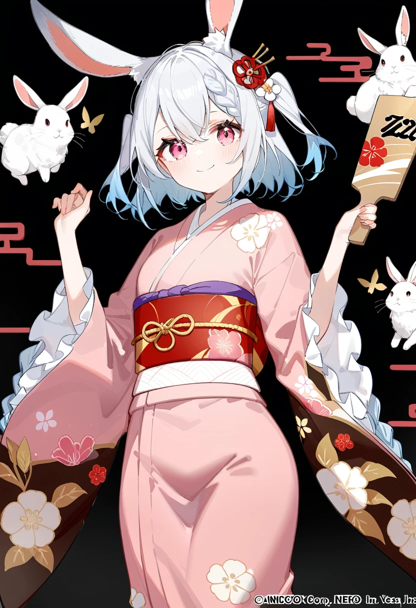 1girl, ciloranko:1.1, noyu \(noyu23386566\), (z282g:1.3), official art, absurdres, best quality, perfect anatomy, attractive, animal, animal ear fluff, animal ears, braid, chinese zodiac, closed mouth, frilled sleeves, frills, grey hair, hagoita, hair ornament, hands up, holding, japanese clothes, kimono, long sleeves, looking at viewer, nengajou, new year, obi, paddle, pink eyes, pink kimono, rabbit, rabbit ears, rabbit hair ornament, sash, smile, solo, two side up, wide sleeves, year of the rabbit