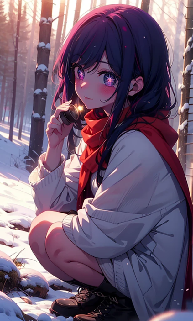 aihoshino, Ai Hoshino, Long Hair, bangs, (Purple eyes:1.1), Purple Hair, (Symbol-shaped pupil:1.5), smile,,smile,blush,White Breath,
Open your mouth,snow,Ground bonfire, Outdoor, boots, snowing, From the side, wood, suitcase, Cape, Blurred, , forest, White handbag, nature, Squat, Mouth closed, Cape, winter, Written boundary depth, Black shoes, red Cape break looking at viewer, Upper Body, whole body, break Outdoor, forest, nature, break (masterpiece:1.2), Highest quality, High resolution, unity 8k wallpaper, (shape:0.8), (Beautiful and beautiful eyes:1.6), Highly detailed face, Perfect lighting, Highly detailed CG, (Perfect hands, Perfect Anatomy),