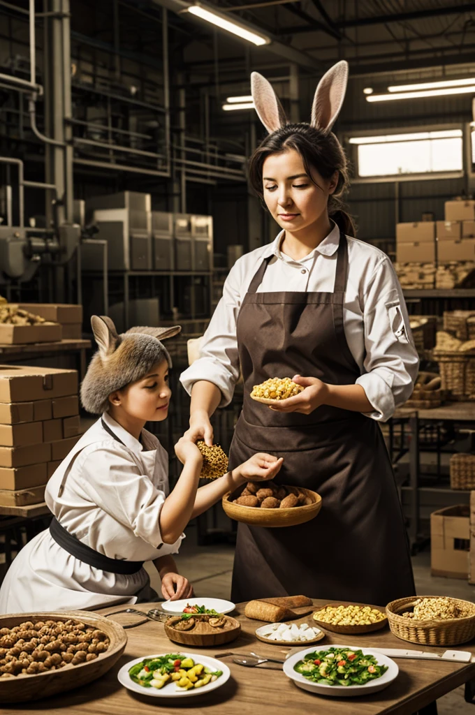Make an image where a lady has a very big factory and makes food and is feeding it to a rabbit.