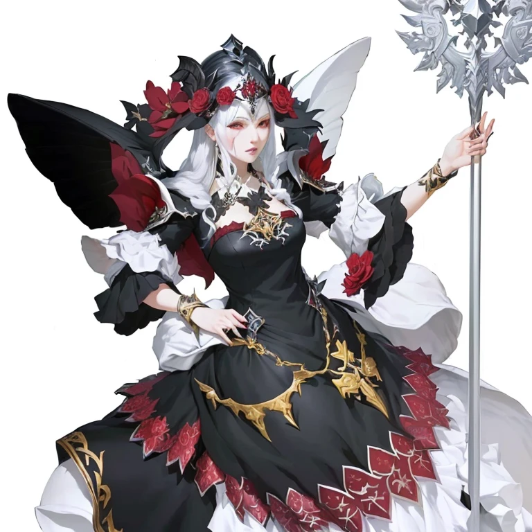 a woman in a black dress holding a white and red flower, white haired deity, white horned queen demon, full view of the black sorceress, April rendering, ffxiv skyward, female lord of change, hahaha, of bravely standard ii, black witch full body pose, rendering of mirabel madrigal, edelgard fire emblem