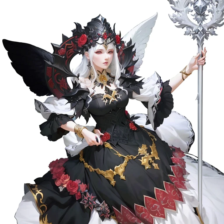 a woman in a black dress holding a white and red flower, white haired deity, white horned queen demon, full view of the black sorceress, April rendering, ffxiv skyward, female lord of change, hahaha, of bravely standard ii, black witch full body pose, rendering of mirabel madrigal, edelgard fire emblem