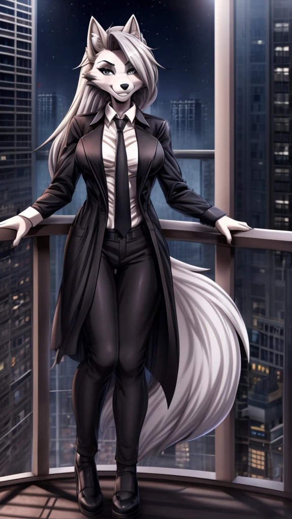 Loona from Helluva Boss, female wolf, anthro, mature adult, white short fluffy hair, grey eyes, tall, white shirt with black tie, black pants, black shoes, brown trench coat, smile, detailed, solo, beautiful, high quality, manhwa style, in a balcony, city on background, at night, 4K