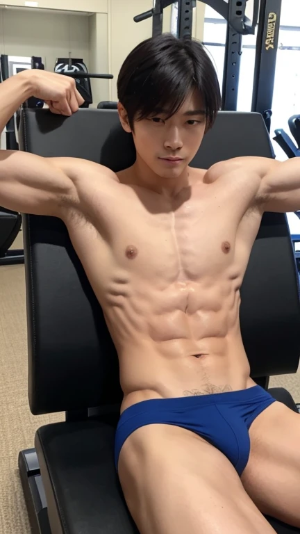 Japanese men、A slender but strong body trained at the gym、Smooth skin with light sweating、Anatomically correct body、Sit with your legs wide open、I'm laughing out loud、Relaxed atmosphere、The whole body is visible、Showing off some cool, sheer, white, and very revealing boxer briefs with a tight, flashy design.、In a small, dimly lit bathroom、Very short, cropped black hair、A young handsome man who looks quite young、Place your hands behind your back、