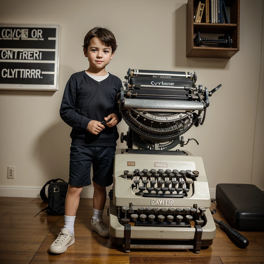 Standing boy holding a typewriter