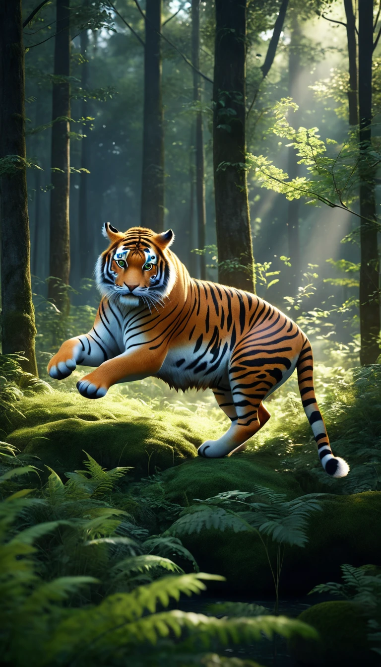 There is a wild beast in the forest,tiger shape,The tail of the cow(best quality,4K,8K,High level,masterpiece:1.2),Ultra Detailed,(lifelike,Photo real,Photo real:1.37),Highly detailed animals,Realistic lighting,Fantasy Creatures