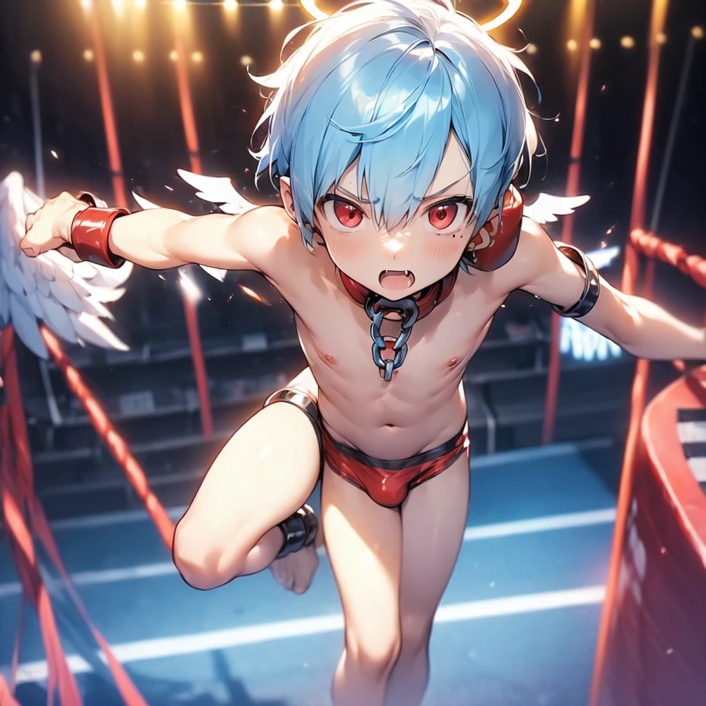 (solo:2), (boldline:-1.7), (brave:1.3), (fighting pose:1.5), (twin angel wings on his back:1.6), (halo on his head:1.3), (standing on stage:1.5), BREAK (red boxing groves:1.8), (((fang))), (((best finger))), (((best arms))), (((best legs))), BREAK (best quality:1.5), (absolutely resolution:1.4), (ultra detailed:1.5), (masterpiece:1.5), (perfect face), (detailed face), (detailed eyes), (best eyes), (cute face), (shota:2), BREAK (topless:2), BREAK (red speedos:1.5), (bulge:1.6), (skinny:1.3), BREAK (light blue hair:1.5), (spiked hair), (wine red eyes:1.4), (eyes with highlight:1.6), ((mole under eye)), (sweaty skin), (singing:1.4), ((earrings)), (angry:1.3), (shiny skin:1.3), BREAK (stadium:1.5), (spot light), ((wind blowing)), ((nipple)), (abs), (groin), BREAK (chain around neck:1.5), (shackles:1.6), from above, upper body, (face close up),