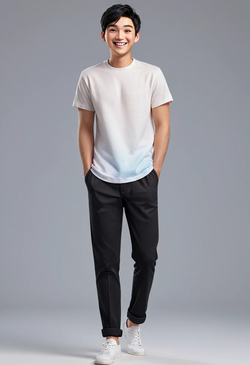 masterpiece, Top quality, highly detailed, realistic, Detailed Face, Detailed and realistic skin, perfect shiny skin, A man, young man, 20 years old, (Short cut gradient black hair), full body, standing, front face, plain t-shirt big black, big trousers, pointing up, front view, big smile