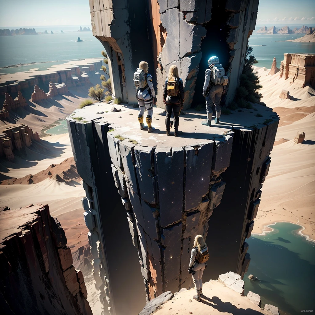 At the top of the mountain and on the edge of the cliff, a muscular blonde woman, with huge ass, wearing spacesuit, Beautiful feet, showing full body. Under the cliff, Four spaceships slowly emerge from the ruins of a desolate city built in the desert, Going to the stars。, cinematic lighting, Glow Up, anáglifo, optical illusion, From above, atmospheric perspective, ultra HD