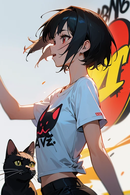 anime style,artistic, masterpiece,best quality, dsuper fine illustration, super detailed, dynamic angle,8K,detailed background,in live stage, (BREAK a female is singing . She is wearing {a white T-shirt with a graffiti art-style cat illustration}.)Break very short hair,flat chest,black hair,red-eyes,black cat year,Break She's singing with a guitar