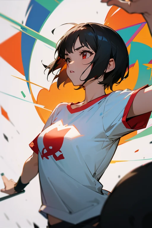 anime style,artistic, masterpiece,best quality, dsuper fine illustration, super detailed, dynamic angle,8K,detailed background,in live stage, (BREAK a female is singing  . She is wearing {a white T-shirt with a graffiti art-style cat illustration}.)Break very short hair,flat chest,black  hair,red-eyes,black cat year,Break She&#39;s singing with a guitar