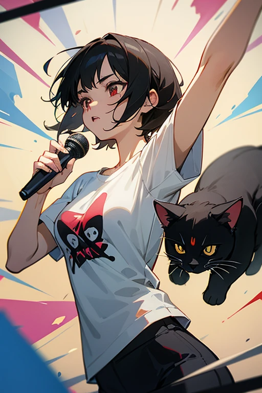 anime style,artistic, masterpiece,best quality, dsuper fine illustration, super detailed, dynamic angle,8K,detailed background,in live stage, (BREAK a female is singing . She is wearing {a white T-shirt with a graffiti art-style cat illustration}.)Break very short hair,flat chest,black hair,red-eyes,black cat year,Break She's singing with a guitar