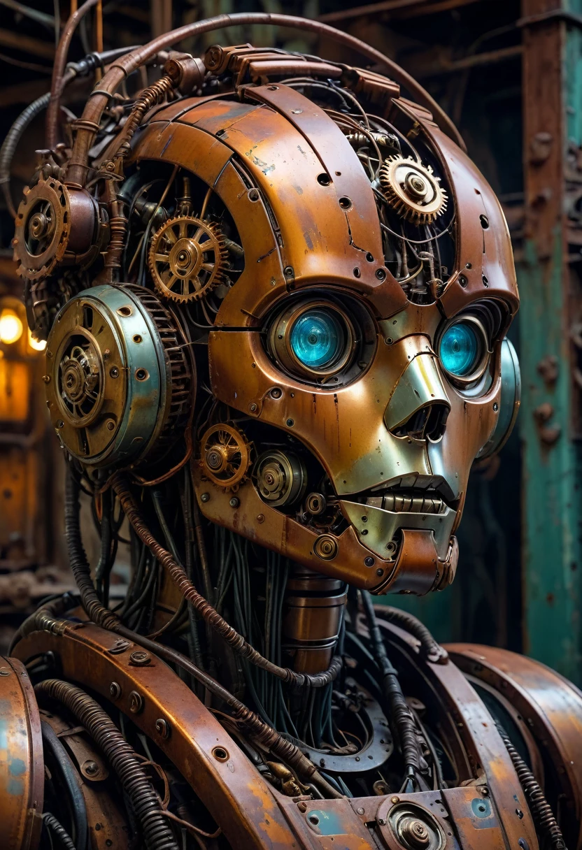 cinematic detailed portrait of a rusting abandoned robot head, intricate mechanical parts, gears and wires, eerie atmosphere, dramatic lighting, muted color palette, weathered and decaying, highly detailed, photorealistic, 8k, (best quality,4k,8k,highres,masterpiece:1.2),ultra-detailed,(realistic,photorealistic,photo-realistic:1.37)