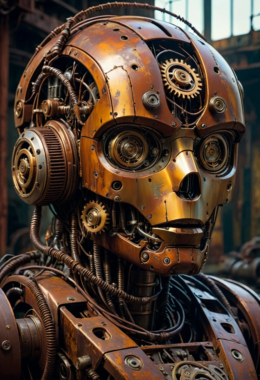 cinematic detailed portrait of a rusting abandoned robot head, intricate mechanical parts, gears and wires, eerie atmosphere, dramatic lighting, muted color palette, weathered and decaying, highly detailed, photorealistic, 8k, (best quality,4k,8k,highres,masterpiece:1.2),ultra-detailed,(realistic,photorealistic,photo-realistic:1.37)