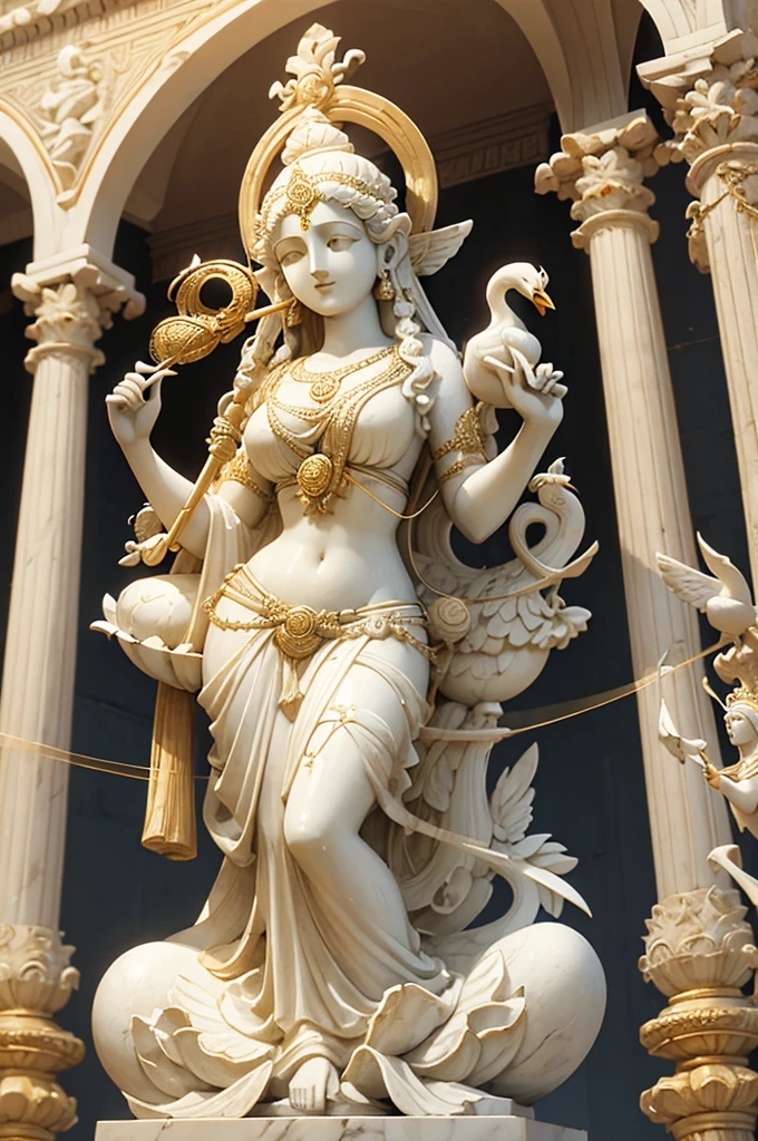 1 white marble statue of goddess Saraswati with marble clothing and golden ornaments