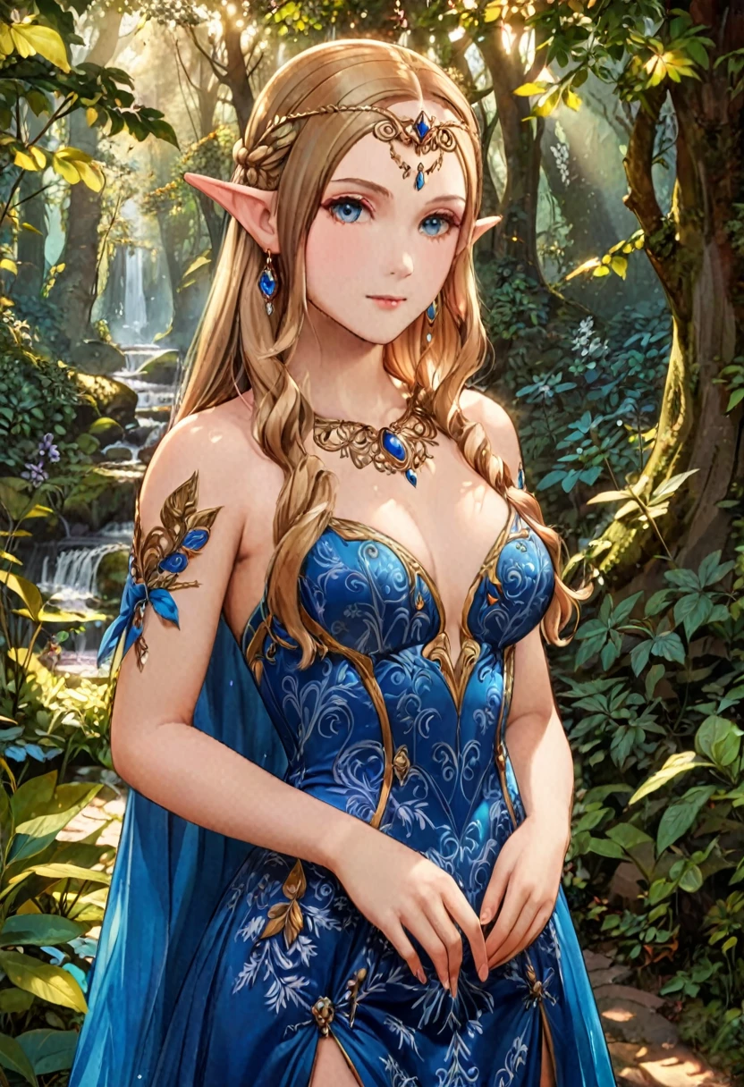 a masterful portrait done by Leonardo De Vinci of Princess Zelda, ((anatomically correct: 1.5)), wearing intricate glamour elven dress,  elven forest background background, Ultra-high resolution, High Contrast, (masterpiece:1.5), highest quality, Best aesthetics), best details, best quality, highres, 16k, [ultra detailed], masterpiece, best quality, (extremely detailed), chumbasket art style, dvnc, evening dress