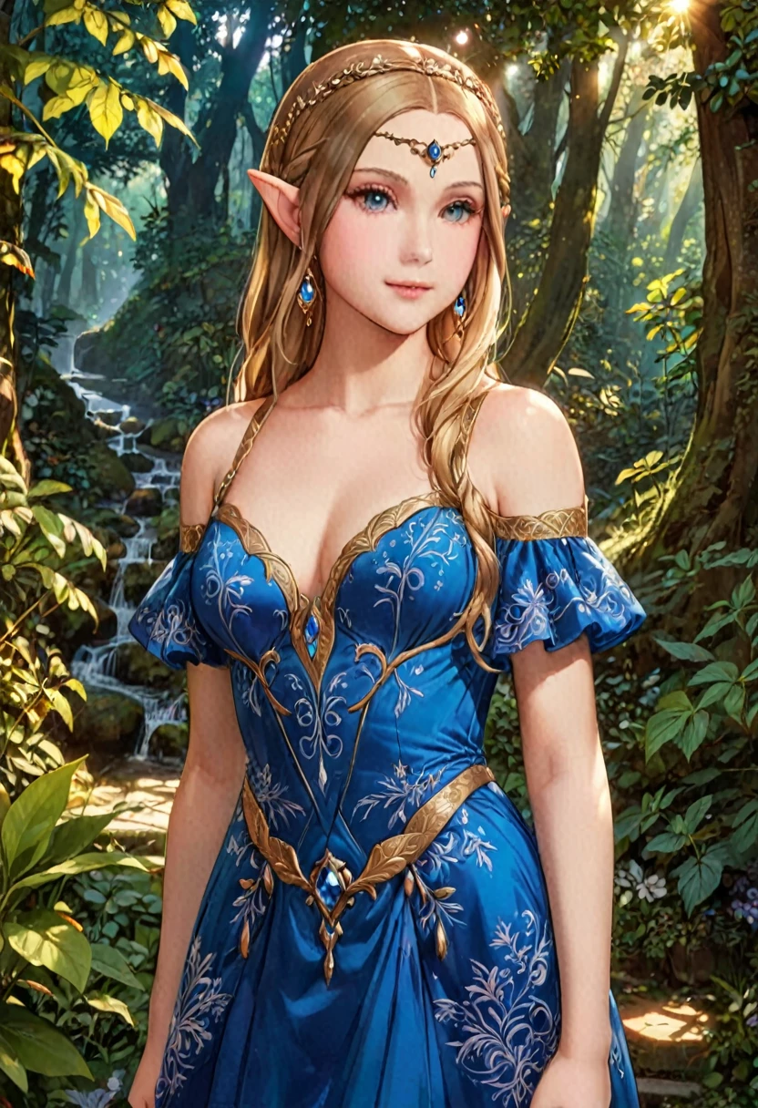 a masterful portrait done by Leonardo De Vinci of Princess Zelda, ((anatomically correct: 1.5)), wearing intricate glamour elven dress,  elven forest background background, Ultra-high resolution, High Contrast, (masterpiece:1.5), highest quality, Best aesthetics), best details, best quality, highres, 16k, [ultra detailed], masterpiece, best quality, (extremely detailed), chumbasket art style, dvnc, evening dress