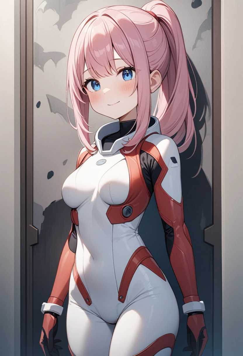 (masterpiece, top quality, very aesthetic, 4k、illustration), intricate detail, 1girl,Standing in front of a wall、(cowboy shot)、light smile、()、animated painting
Cute 、pink hair、ponytail,middle hair,sidelock ,,blue eyes、pilot suit、medium breasts,Slim 、