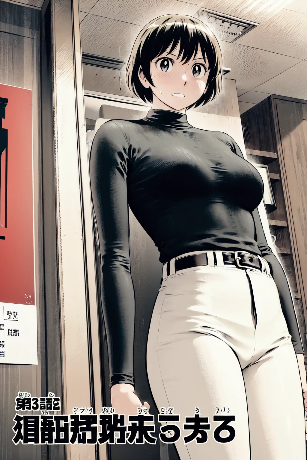 、(masterpiece、Highest quality)、Highest quality, Ultra-high resolution, (((masterpiece))), alone, Sweat、Big eyes,Tight black shirt、Tight white pants、belt、indoor、Composition from the front、(Cut the back hair short、short hair、blonde、woman)、Shortcuts、Embarrassed face、Cut your hair short、可愛いwomanの子、Big Breasts、office