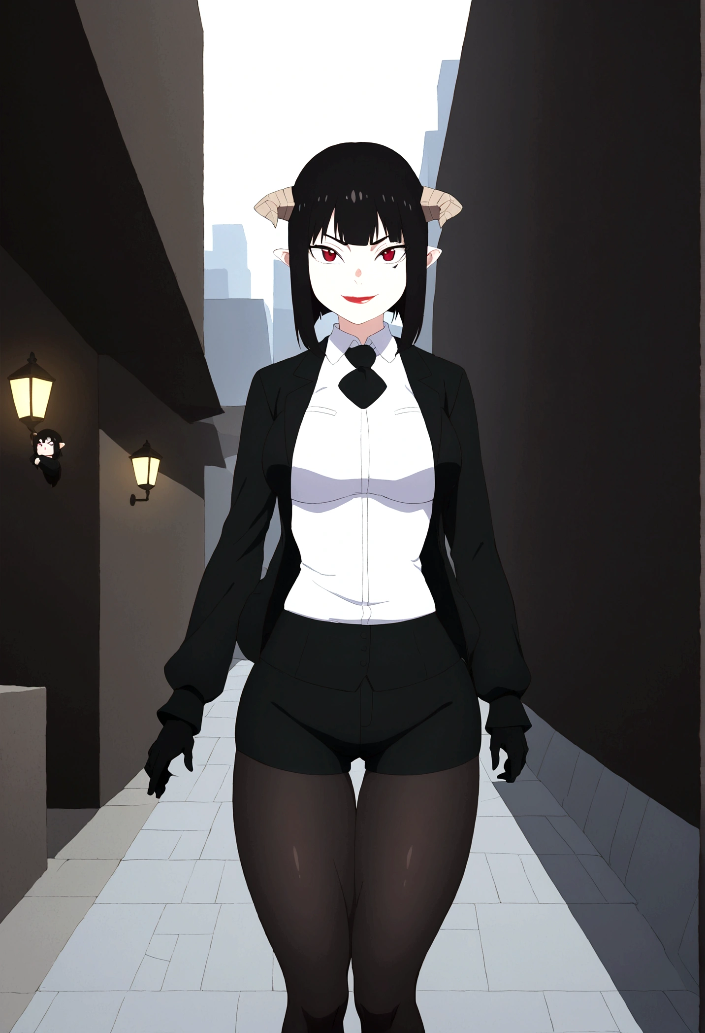 short black hair 1 girl, 1 gilr, ,perfect anatomy girl muscular girl toned body girl large breasts girl thick girl angry girl best quality girl black hair girl Eyes red,linda,wearing short leggings with, blackstockings, shorth hair, comely eyes, comely, Eyes red, white shirt, black leather jacket, shorts, legging branca curta, dark alley city black pantyhose, horned hair on head,ssmile,face detailed,ssmile no rosto,maos atras da cabeça ssmile,ssmile